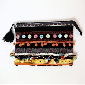 America & Beyond black velvet beaded clutch bag ethnic boho colourful small